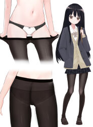  1girl absurdres ass backpack bag black_bow black_hair black_pantyhose black_skirt blush bow bow_panties bowtie brown_bow brown_bowtie brown_cardigan brown_eyes brown_footwear cardigan female_focus full_body gluteal_fold grey_jacket hand_in_pocket highres jacket loli long_hair long_sleeves looking_at_viewer navel open_clothes open_jacket panties pantyhose plaid plaid_skirt school_uniform shirt shoes shooko skirt standing underwear white_background white_panties white_shirt  rating:Questionable score:84 user:cpee