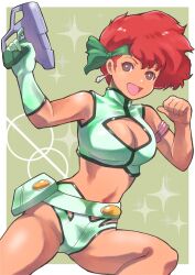  1girl absurdres border breasts brown_eyes cleavage cleavage_cutout clenched_hand clothing_cutout crop_top dark-skinned_female dark_skin dirty_pair dolphin_shorts earrings green_background green_headband grey_shorts gun hair_behind_ear headband highres holding holding_gun holding_weapon jewelry k_katora kei_(dirty_pair) medium_breasts midriff navel open_mouth red_hair short_hair shorts smile solo sparkle weapon white_border  rating:Sensitive score:8 user:danbooru