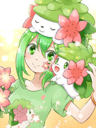 1girl :d aimi_(aimia492) artist_name bangle blush bracelet character_hat closed_mouth commentary_request creatures_(company) eyelashes facial_tattoo female_protagonist_(pokemon_go) flower flower_(symbol) flower_tattoo game_freak gen_4_pokemon green_eyes green_hair green_shirt hair_between_eyes hat jewelry legendary_pokemon looking_at_viewer mythical_pokemon nintendo on_shoulder open_mouth pink_flower pokemon pokemon_(creature) pokemon_go pokemon_on_shoulder print_shirt shaymin shaymin_(land) shirt short_hair short_sleeves sidelocks simple_background smile split_mouth t-shirt tattoo twitter_username upper_body white_background yellow_background
