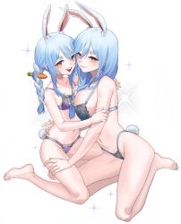  1girl 2girls :d absurdres alternate_costume animal_ear_fluff animal_ears blue_bra blue_hair blue_panties bow bra braid braided_ponytail breasts carrot_hair_ornament double-parted_bangs eredhen food-themed_hair_ornament full_body hair_between_eyes hair_bow hair_ornament highleg highleg_panties highres hololive hug lace lace_panties lace_trim large_breasts lingerie long_hair looking_at_viewer mother_and_daughter multicolored_hair multiple_girls open_mouth panties pekomama purple_bra purple_panties rabbit-shaped_pupils rabbit_ears rabbit_girl rabbit_tail red_eyes short_eyebrows sidelocks sitting small_breasts smile streaked_hair symbol-shaped_pupils tail teeth thick_eyebrows twin_braids twintails two-tone_hair underwear underwear_only upper_teeth_only usada_pekora virtual_youtuber wariza white_hair 