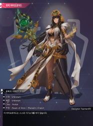  1girl ankh armlet bangs black_hair blunt_bangs bracelet breasts commentary_request dark_skin egyptian fingernails full_body gold high_heels highres holding holding_staff jewelry jjilbabmaen korean_commentary korean_text large_breasts long_fingernails long_hair looking_at_viewer magic navel original pelvic_curtain single_thighhigh solo staff thighhighs toeless_footwear toeless_legwear translation_request yellow_eyes 
