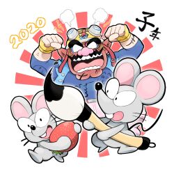  1boy angry blank_eyes blue_shirt calligraphy_brush cleft_chin clenched_hands facial_hair fingerless_gloves food fruit gloves goggles goggles_on_headwear helmet hoshi_(star-name2000) motorcycle_helmet mouse_(animal) mustache nintendo open_mouth paintbrush pointy_ears shirt strawberry wario warioware yellow_gloves 