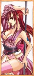 1girl armpits breasts brown_eyes cleavage collarbone earrings erza_scarlet fairy_tail hair_over_one_eye japanese_clothes jewelry kimono long_hair mashima_hiro no_bra official_art pole polearm red_hair scan sideboob solo tattoo thighhighs weapon rating:Questionable score:36 user:danbooru