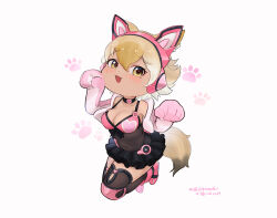  1girl animal_ears beleven blonde_hair boots camisole choker coyote_(kemono_friends) extra_ears full_body gloves headphones highres kemono_friends kemono_friends_v_project looking_at_viewer lucky_chloe parody short_hair simple_background skirt solo tail tekken thighhighs virtual_youtuber wolf_ears wolf_girl wolf_tail yellow_eyes 