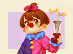  1girl alkemanubis bow brown_eyes brown_hair child clown clown_nose collar female_focus frilled_collar frills grin hair_bow highres long_sleeves looking_at_viewer original pink_bow portrait short_hair smile solo sound_effects teeth 