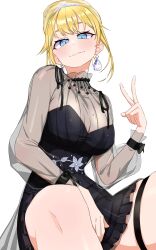  1girl black_dress blonde_hair blue_eyes breasts closed_mouth commentary dress earrings hair_bun highres hololive hololive_english invisible_chair jewelry large_breasts long_hair looking_at_viewer manab_(manab101) mole mole_on_breast official_alternate_costume official_alternate_hairstyle see-through see-through_dress short_dress short_hair single_hair_bun sitting sleeveless sleeveless_dress solo thigh_strap tiara very_long_hair virtual_youtuber watson_amelia watson_amelia_(party_dress) 