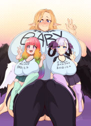  3girls absurdres aiassis angel angel_wings blonde_hair blue_eyes blush breast_press breasts couple dmxwoops elf eonbound faith_(eonbound) family gigantic_breasts goth_fashion highres huge_breasts mature_female mole mother_and_daughter multicolored_hair multiple_girls pointy_ears rainbow_hair shortstack size_difference thighhighs wide_hips wife_and_wife wings xaessya yuri 