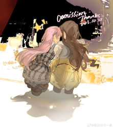  2girls absurdres ass bang_dream! bang_dream!_it&#039;s_mygo!!!!! belt belt_buckle brown_footwear brown_hair buckle chihaya_anon chinese_commentary city cloudyooooo collared_shirt commentary_request commission dated dress from_behind full_body grey_belt grey_dress high-waist_skirt high_collar highres leaning_on_person loafers long_hair miniskirt multiple_girls nagasaki_soyo night notice_lines outdoors pink_hair plaid plaid_dress pleated_skirt shadow shirt shoes skirt sleeveless sleeveless_dress squatting star_(symbol) thank_you very_long_hair wavy_hair weibo_watermark white_shirt yellow_skirt yuri 