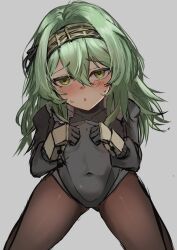  1girl absurdres armored_gloves belt_pouch black_bodysuit black_ribbon blush bodysuit breasts covered_navel from_above fur_collar goddess_of_victory:_nikke green_hair hair_ribbon hairband highres kilo_(nikke) long_hair long_sleeves looking_at_viewer pouch ribbon skin_tight small_breasts solo ssa_(kiseion) sweatdrop yellow_eyes  rating:Sensitive score:17 user:Leksa
