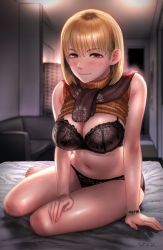  1girl ashley_graham barefoot bed black_bra blonde_hair blush bra breasts capcom clothes_lift feet highres large_breasts looking_at_viewer panties resident_evil resident_evil_4 sgk short_hair sitting smile solo sweater sweater_lift sweater_vest underwear  rating:Questionable score:114 user:danbooru
