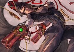  1girl absurdres action aiming aiming_at_viewer arched_back ass bayonetta bayonetta_(series) bayonetta_1 beehive_hairdo black_bodysuit black_hair bodysuit breasts commentary dual_wielding elbow_gloves english_commentary female_focus floating_hair glasses gloves gold_trim gun handgun highres holding jewelry leg_up lips long_hair medium_breasts midair moon_(ornament) necklace parted_bangs parted_lips reverse_grip ribbon side_slit simple_background smile solo syachiiro very_long_hair weapon 