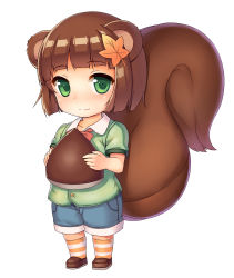 1girl animal_ears bad_id bad_pixiv_id brown_hair chestnut green_eyes hair_ornament highres kurito large_tail leaf_hair_ornament looking_at_viewer peropero_saimin peroperoairu personification shoes shorts socks solo squirrel_ears squirrel_tail striped_clothes striped_socks tail