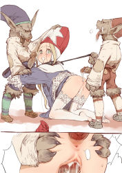 1girl anal anus blonde_hair branch_(blackrabbits) clothed_sex cum cum_in_pussy final_fantasy final_fantasy_tactics goblin goblin_(final_fantasy) group_sex imminent_anal imminent_penetration mmf_threesome monster multiple_penises penis saliva saliva_trail sex short_hair tears threesome time_mage time_mage_(fft) vaginal rating:Explicit score:225 user:danbooru