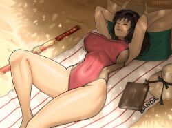  1girl beach book breasts erodrunky large_breasts legs lesseinsanimer lying lying_on_ground namco on_back outdoors solo soul_calibur sunglasses swimsuit taki_(soulcalibur) thick_thighs thighs twitter weapon  rating:Sensitive score:40 user:jayage5ds