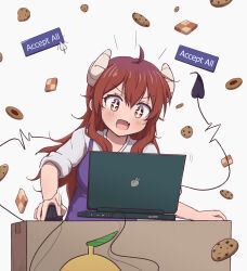  +_+ 1girl absurdres ahoge box breasts brown_eyes camisole cardboard_box commentary computer cookie curled_horns cursor demon_girl demon_horns demon_tail english_text fang food hair_between_eyes highres horns laptop long_hair machikado_mazoku medium_breasts mikan_box mouse_(computer) open_mouth purple_camisole red_hair shirt sidelocks simple_background skin_fang solo symbol-only_commentary tail white_background white_shirt yoshida_yuuko_(machikado_mazoku) yunoppi 