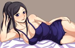  1girl arm_support black_hair blue_dress blue_eyes blush breasts cleavage dress large_breasts long_hair looking_at_viewer lying nico_robin on_side one_piece ponytail rasen_kyuuri solo thigh_gap 