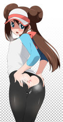  1girl after_anal agemono anus black_leggings blue_eyes blush breasts brown_hair cameltoe clothing_cutout creatures_(company) cum cum_in_ass cum_on_clothes double_bun female_focus game_freak hair_between_eyes hair_bun heart_cutout leggings long_hair looking_back lower_teeth_only nintendo open_mouth pokemon pokemon_bw2 presenting rosa_(pokemon) simple_background skindentation small_breasts solo spread_anus sweat tagme teeth twintails visor_cap  rating:Explicit score:146 user:f156das