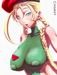  1girl badge beret blonde_hair blue_eyes bodysuit braid breasts cammy_white capcom close-up covered_erect_nipples facepaint female_focus hat large_breasts lips long_hair nipples simple_background skin_tight solo street_fighter triberry twin_braids white_background  rating:Questionable score:16 user:SevenForce