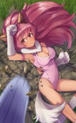 1girl animal_ears arm_strap breasts cat_ears cat_tail cleavage cleavage_cutout clenched_hand closed_mouth clothing_cutout commission dodging fang feet_out_of_frame heart_cutout highres leotard long_hair looking_at_viewer medium_breasts perisie_(star_ocean) pink_eyes pink_hair pink_leotard skeb_commission solo star_ocean star_ocean_first_departure tail tori_ririisu