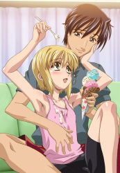  00s 2boys age_difference armpits arms_up bike_shorts blonde_hair blush boku_no_pico brown_eyes brown_hair bulge covered_erect_nipples crossdressing feeding food food_on_clothes green_eyes ice_cream male_focus multiple_boys open_mouth pico_(boku_no_pico) sexually_suggestive shota smile spread_legs suggestive_fluid tamotsu tank_top trap yaoi yoshiten  rating:Questionable score:108 user:danbooru