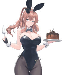  1girl absurdres animal_ears black_leotard black_pantyhose blue_eyes blush bow bowtie breasts brown_hair cake cake_slicer chocolate_cake covered_navel detached_collar fake_animal_ears food hair_between_eyes high_side_ponytail highres kantai_collection large_breasts leotard long_hair looking_at_viewer odachu pantyhose playboy_bunny ponytail rabbit_ears saratoga_(kancolle) side_ponytail smile solo strapless strapless_leotard traditional_bowtie tray wrist_cuffs 