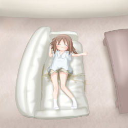  1girl bedwetting big_shirt blush brown_hair brown_shorts couch loli lowres peeing peeing_self shirt short_hair shorts sleeping socks solo source_request white_shirt white_socks  rating:Questionable score:31 user:PinkHairedSinger