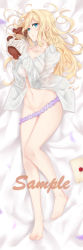 10s 1girl absurdres barefoot bed_sheet blonde_hair blue_eyes breasts cleavage dakimakura_(medium) dress_shirt evanyi from_above full_body groin highres holding letter long_hair looking_at_viewer lying medium_breasts midriff navel ocean on_back open_clothes open_shirt panties panty_pull parted_lips purple_panties sample_watermark shirt solo stomach stuffed_animal stuffed_toy teddy_bear underwear violet_evergarden violet_evergarden_(series) watermark white_shirt rating:Sensitive score:35 user:danbooru