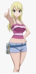  1girl armpits bare_arms bare_legs bare_shoulders belly blonde_hair breasts brown_eyes cleavage fairy_tail highres large_breasts long_hair lucy_heartfilia navel pointing short_shorts shorts solo tank_top  rating:Sensitive score:28 user:pojojo2