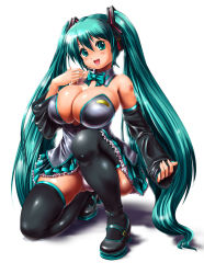 1girl alternate_breast_size aqua_eyes aqua_hair bow breasts cleavage detached_sleeves gox hatsune_miku headphones headset hip_focus huge_breasts impossible_clothes impossible_shirt large_breasts long_hair moriichi panties pantyshot plump shirt simple_background skirt smile solo thighhighs twintails underwear upskirt very_long_hair vocaloid zettai_ryouiki  rating:Questionable score:97 user:danbooru