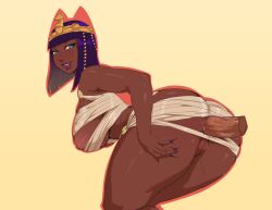  1girl alternate_costume anal anus anus_peek ass ass_grab bandages bare_shoulders blunt_bangs blush bracelet breasts butt_crack cleft_of_venus colorized curvy dark-skinned_female dark_skin egyptian flexible from_behind grabbing_own_ass green_eyes hair_ornament happy_sex hetero huge_ass jewelry large_breasts lips lm_(legoman) looking_at_viewer looking_back menat mummy_costume naked_bandage official_alternate_costume one_breast_out pink_lips purple_hair pussy pussy_juice revealing_clothes sex shiny_skin short_hair sideboob simple_background solo source_request street_fighter street_fighter_v thick_thighs thighs tiara underboob wide_hips 