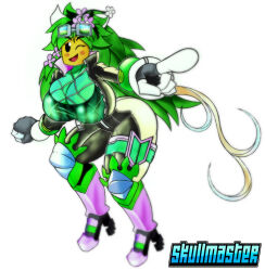  1girl blaster_master_zero_2 blush_stickers bodysuit boots bow breasts bursting_breasts colored_skin flower flower_on_head gloves goggles green_hair green_skin highres huge_breasts kanna_(blaster_master_zero) knee_pads leaves monster_girl one_eye_closed open_mouth plant_girl pointing shiny_clothes smile solid_oval_eyes solo tail thick_thighs thighs tongue white_background zipper  rating:Sensitive score:3 user:Dr_drunkinstein