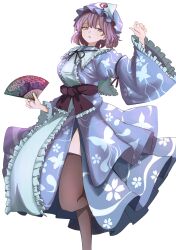  1girl absurdres animal_print black_thighhighs blue_hat blue_kimono butterfly_print frilled_kimono frilled_sleeves frills hand_fan hat highres holding holding_fan japanese_clothes kimono mesuosushi mob_cap pink_eyes pink_hair print_folding_fan print_kimono saigyouji_yuyuko short_hair simple_background solo standing standing_on_one_leg thighhighs touhou triangular_headpiece white_background wide_sleeves 