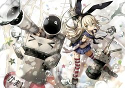 &gt;o&lt; 1girl bad_id bad_pixiv_id bent_over blonde_hair blue_skirt dragonmaterial elbow_pads grey_footwear hair_between_eyes hair_ornament kantai_collection long_hair military military_vehicle motor_vehicle rensouhou-chan robot shimakaze_(kancolle) skirt spread_legs star_(symbol) striped_clothes striped_thighhighs tank thighhighs yellow_eyes