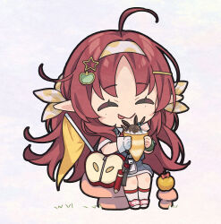  1girl :p ahoge apple apple_hair_ornament arknights bag brown_hair chibi closed_eyes closed_mouth collared_shirt crepe facing_viewer food food-themed_bag food-themed_hair_ornament fruit golden_apple grey_background hair_ornament hairband hairclip highres holding holding_food long_hair myrtle_(arknights) necktie overall_skirt parted_bangs pennant pink_footwear pointy_ears polka_dot_hairband red_necktie red_shirt saipaco shirt shoes short_sleeves shoulder_bag simple_background sitting smile socks solo star_(symbol) star_hair_ornament tongue tongue_out very_long_hair white_hairband white_socks 