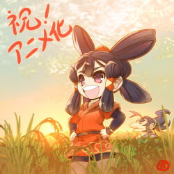  1boy 1girl ahoge belt bike_shorts brown_eyes brown_hair chibi commentary_request double_bun hair_bun hair_tie hands_on_own_hips highres hisahiko japanese_clothes kimono mizura open_mouth rice_(plant) rice_paddy sakuna-hime smile sunrise tauemon tensui_no_sakuna-hime thick_eyebrows translation_request 