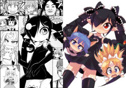 1boy 6+girls :&gt; :&lt; :d animal_ear_fluff animal_ears apron ass backbeako_(torotei) backbeard black_dress black_gloves black_hair black_ribbon black_thighhighs blonde_hair blue_eyes blue_hair blush cat cat_ears character_request chibi_yami chopsticks comic commentary_request copyright_request dress drooling elbow_gloves fang fire flame-tipped_tail furry furry_female futaba_channel gegege_no_kitarou glasses gloves green_thighhighs greyscale hair_over_one_eye hair_ribbon holding holding_chopsticks horns jitome kirin_(nijiura_maids) kotonomiya_yuki loli long_hair long_sleeves looking_at_viewer looking_back maid_headdress monochrome multiple_girls nijiura_maids open_hands open_mouth original os-tan outstretched_arms panties partially_colored pointy_ears red_eyes ribbon ringed_eyes short_hair simple_background single_horn sleeveless sleeveless_dress smile solid_circle_eyes spread_arms tail thighhighs torotei twintails underwear v-shaped_eyebrows white_background white_panties xp-tan yakui yami_yuki