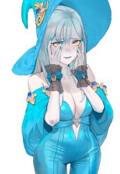  1girl absurdres bare_shoulders blue_bodysuit blue_bow blue_lips blue_nails blush bodysuit bow breasts cleavage collarbone embarrassed grey_hair hands_on_own_face hat highres long_hair medium_breasts off_shoulder ori_dal original pale_skin solo wide_hips witch_hat wrist_bow wrist_cuffs yellow_eyes 
