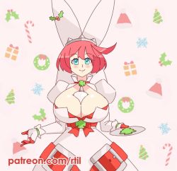  1girl animated animated_gif blue_eyes bouncing_breasts breasts_squeezed_together breasts christmas cleavage cookie dress elphelt_valentine food guilty_gear guilty_gear_xrd hat huge_breasts icing looping_animation pink_hair plate rtil smile solo  rating:Sensitive score:83 user:danbooru