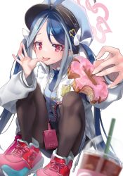 1girl antenna_hair blue_archive blue_hair blue_necktie blue_vest blurry blurry_foreground bow cup disposable_cup doughnut eating food fubuki_(blue_archive) hair_bow hair_ornament halo hat highres holding jacket licking licking_finger long_hair long_sleeves looking_at_viewer multicolored_hair necktie open_mouth outstretched_arm pantyhose pink_footwear police police_uniform red_eyes red_footwear shirt shoes skirt smile sneakers solo squatting streaked_hair tongue tongue_out twintails uniform very_long_hair vest walkie-talkie white_background white_jacket yoshida_pino rating:Sensitive score:14 user:danbooru
