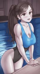 1girl awan0918 black_hair black_one-piece_swimsuit blush breasts cleavage colored_skin grey_eyes highres large_breasts long_hair looking_at_viewer mature_female nintendo one-piece_swimsuit open_mouth ponytail smile solo swept_bangs swimsuit thighs two-tone_swimsuit white_skin wii_fit wii_fit_trainer wii_fit_trainer_(female) rating:Sensitive score:101 user:danbooru
