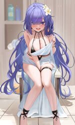  1girl azur_lane bare_shoulders belt between_breasts between_legs black_footwear black_one-piece_swimsuit blush breasts collarbone commentary_request drooling flower hair_flower hair_ornament hair_over_one_eye hand_between_legs heart heart-shaped_pupils highres holding holding_towel large_breasts long_hair looking_at_viewer mogador_(azur_lane) mogador_(locker_room_lechery)_(azur_lane) mole mole_on_breast mouth_drool navel official_alternate_costume one-piece_swimsuit open_mouth purple_eyes purple_hair qing_wu sitting smile solo swimsuit symbol-shaped_pupils thigh_belt thigh_strap towel very_long_hair wet white_flower 