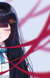  1girl absurdres black_hair black_jacket blue_ribbon blunt_bangs blurry blurry_foreground blush closed_eyes closed_mouth collared_shirt commentary_request depth_of_field eyelashes frown hair_down hair_intakes hair_ornament hairclip highres honkai:_star_rail honkai_(series) jacket lapels long_hair long_sleeves neck_ribbon official_alternate_costume open_clothes open_jacket parted_bangs red_ribbon ribbon school_uniform shirt sidelocks simple_background solo sparkle_(honkai:_star_rail) upper_body white_background white_shirt wing_collar yuuyu_(moco20111115) 