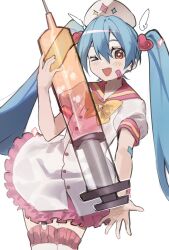  &gt;_&lt; 1girl :d bandaid bandaid_on_arm bandaid_on_face blue_hair bow bowtie brown_eyes commeowdore cowboy_shot dress fang hair_between_eyes hair_ornament hat hatsune_miku heart heart_hair_ornament highres holding holding_syringe large_syringe long_hair looking_at_viewer m@gical_cure!_love_shot!_(vocaloid) nurse nurse_cap one_eye_closed open_mouth oversized_object puffy_short_sleeves puffy_sleeves short_sleeves simple_background skin_fang smile solo sparkling_eyes standing syringe thighhighs vocaloid white_background white_dress wings yellow_bow yellow_bowtie 