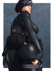 1girl aethos ass ass_support back backpack bag beanie black_gloves black_hair black_hat black_legwear bodysuit breasts brown_eyes closed_mouth cowboy_shot dokkaebi_(rainbow_six_siege) fingerless_gloves from_behind glasses gloves hat highres large_breasts lips looking_away looking_to_the_side military military_uniform multicolored_hair nail_polish pouch rainbow_six_siege round_eyewear silver_hair simple_background skin_tight solo standing thigh_strap tight_clothes two-tone_hair uniform rating:Sensitive score:80 user:danbooru