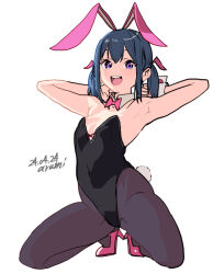  1girl :d animal_ears armpits artist_name baba_arumi black_hair black_pantyhose bow bowtie breasts dated detached_collar high_heels kneeling leotard open_mouth original pantyhose pink_footwear playboy_bunny presenting_armpit purple_eyes rabbit_ears rabbit_tail simple_background smile solo tail teeth twintails white_background wrist_cuffs 