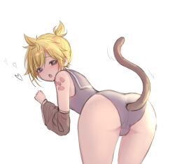  1boy :o ass azulasi bent_over blonde_hair blue_eyes cat_tail heart heart-shaped_pupils highres kagamine_len looking_at_viewer looking_back male_focus open_mouth shota simple_background solo symbol-shaped_pupils tail tail_wagging thighs white_background 