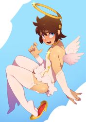  1boy absurdres angel angel_wings blue_eyes blue_sky blush bridal_gauntlets brown_hair cloud combos_&amp;_doodles corset crossdressing day garter_straps gold_choker gold_footwear gold_halo halo high_heels highres kid_icarus male_focus mini_wings nintendo open_mouth outdoors pit_(kid_icarus) short_hair sky solo sweat teeth thighhighs trap upper_teeth_only white_bridal_gauntlets white_corset white_garter_straps white_thighhighs white_wings wings  rating:Questionable score:25 user:danbooru