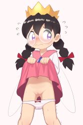  1girl absurdres black_hair blush bow bow_panties braid censored clothes_lift collarbone crown dress dress_lift embarrassed fairy fairy_wings flying_sweatdrops freckles furrowed_brow gluteal_fold hair_bow highres kirby_(series) kirby_64 loli long_hair looking_at_viewer motion_lines navel nintendo nose_blush panties panty_pull pink_skirt purple_eyes pussy red_bow ripple_star_queen round_eyewear shino_(shinokani) skirt solo standing sweat trembling twin_braids underwear wavy_hair white_background white_dress white_panties wings 
