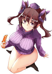 1girl arm_support bottomless breasts brown_hair cellphone commentary_request deetamu eyebrows_hidden_by_hair flip_phone from_above hair_ribbon hat highres himekaidou_hatate holding holding_phone kneeling large_breasts legs light_frown long_hair long_sleeves looking_to_the_side naked_sweater phone pointy_ears purple_eyes purple_sweater ribbed_sweater ribbon simple_background socks solo sweater touhou twintails white_background rating:Questionable score:12 user:danbooru