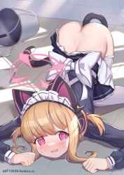  1girl @_@ animal_ear_headphones animal_ears ass back_bow blonde_hair blue_archive blush bow bucket butt_crack clothes_pull fake_animal_ears hair_bow halo headphones highres long_sleeves looking_at_viewer maid maid_headdress momoi_(blue_archive) momoi_(maid)_(blue_archive) on_floor open_mouth pantyhose pantyhose_pull pink_eyes puffy_long_sleeves puffy_sleeves rag red_bow solo spill sweat tail top-down_bottom-up twintails uneg water watermark wavy_mouth web_address white_bow white_pantyhose  rating:Questionable score:23 user:danbooru